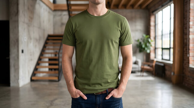 Solid Olive Green Plain T Shirt Mockup on Man Standing in Loft Interior