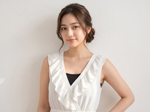 白 フリル トップスの 服装 で 笑顔 を 見せる 女性
