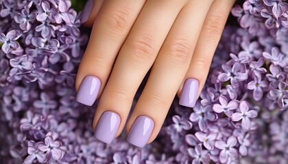 Fototapeta premium Closeup of female hands with soft lavender nail polish touching gentle spring blooming lilac flowers