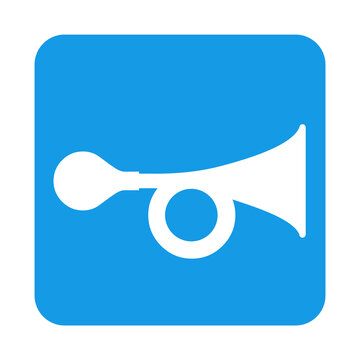 Icono con dibujo sencillo con la silueta de una bocina vintage en cuadrado de color azul. Archivo PNG con transparencia