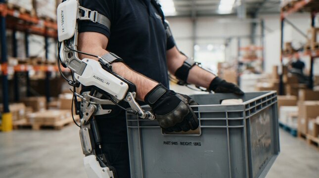 A warehouse worker wearing an advanced robotic exoskeleton suit while carrying a plastic crate in an industrial facility.