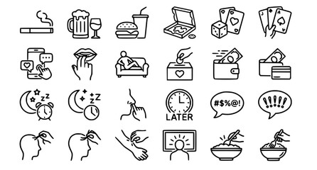 Fototapeta premium Bad Habits Linear Icon Set with Smoking Alcohol Junk Food and Unhealthy Lifestyle Symbols