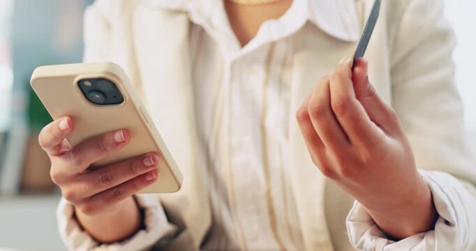 Hands, woman and credit card in office with phone, ecommerce, online payment for bookkeeping. Person, reading and mobile with bank info for purchase, finance security and password for investment fees