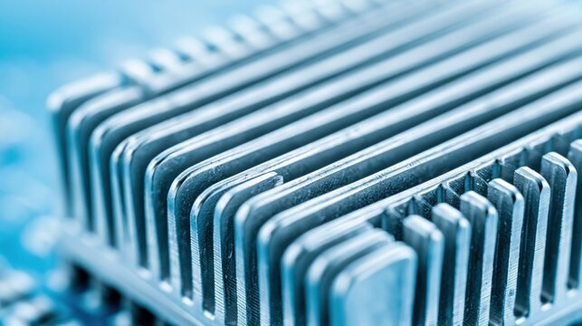 Close-up of a silver aluminum heatsink with parallel fins on a blue circuit board for cooling electronics