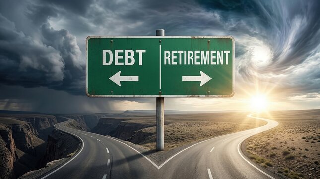 Concept image of a highway splitting into two directions with a green road sign indicating Debt under a stormy sky versus Retirement leading to a bright sunny horizon. Financial choice crossroads.