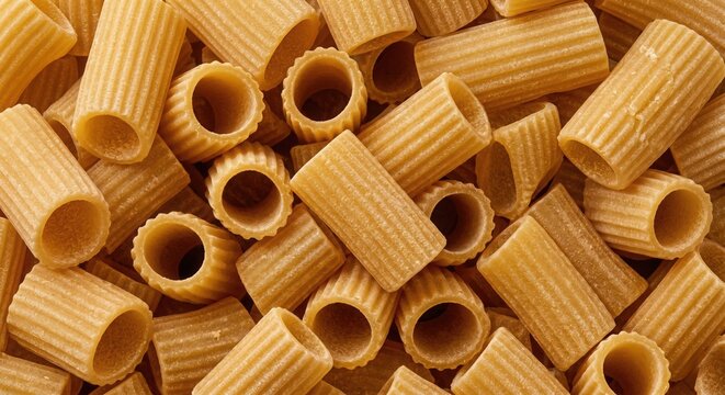 Macro close-up top view of raw dry rigatoni pasta. High-quality textured background of uncooked italian macaroni tubes. Concept of traditional Italian cuisine and carbohydrate food.
