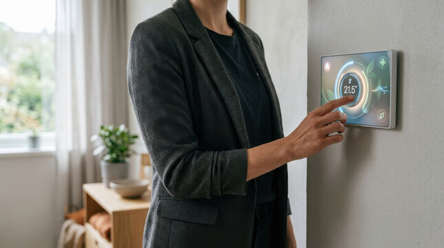 Smart home energy control wall mounted display home automation touch screen thermostat energy management modern interior adult torso shot