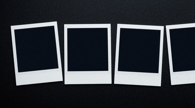 Four blank instant photo frames lay side by side on dark textured surface. White borders frame empty dark centers for custom images. Retro concept for memories.