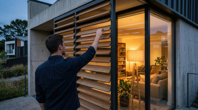 Solar shading louvre facade house window dusk