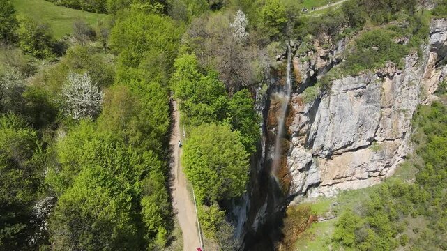 Aerial view of Skaklya Waterfall near village of Zasele, Balkan Mountains, Bulgaria
