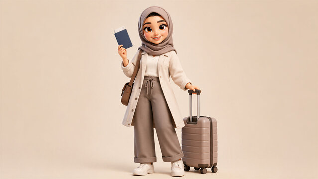 Cute Stylized 3D Muslim Woman Traveler Wearing Hijab with Passport and Suitcase