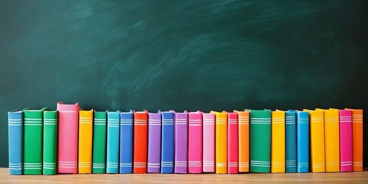 A Panoramic Collection Of Colorful Assorted Books Arranged On Wood Table Against Chalkboard Wall