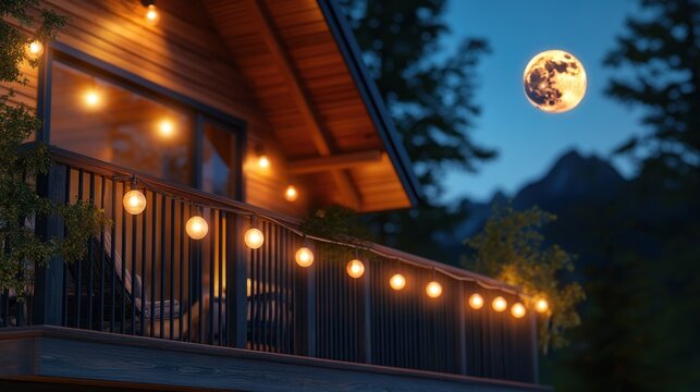 Rustic cabin balcony at night, lit by string lights, full moon