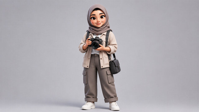 Cute Stylized 3D Muslim Woman Photographer Wearing Hijab with Professional Camera