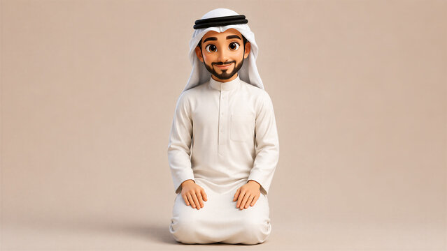 Cute Stylized 3D Arab Man Sitting in prayer Pose on Neutral Background