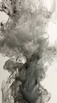 Grey ink drifts like smoke in water creating fluid patterns and shapes against a white background in a simple display