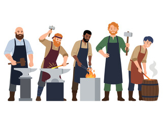 Obraz premium Diverse Blacksmith Characters Working with Anvils and Hammers Vector Illustration