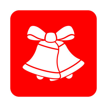 Tiempo de Navidad. Logo campana de boda. Icono con campanas de navidad con lazo de cinta en cuadrado rojo para felicitaciones y tarjetas. Archivo PNG con transparencia