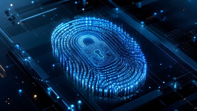 Digital fingerprint with glowing padlock symbol on a high-tech circuit background, symbolizing advanced cybersecurity, biometric authentication, and robust data protection.
