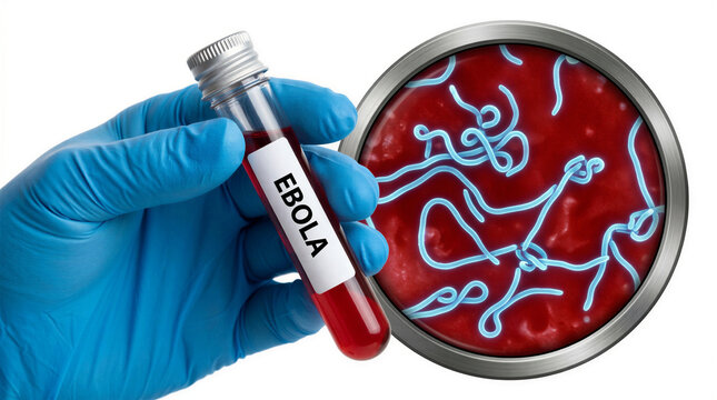 Ebola Virus Sample A gloved hand holds a test tube containing a blood sample labeled Ebola beside a magnified view of the virus's characteristic shape highlighting the threat of infectious disease