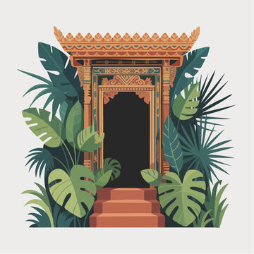 An ornate wooden Balinese gate stands surrounded by lush tropical foliage and green leaves.