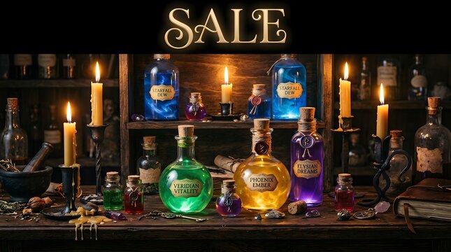 Magical potion bottles on a rustic wooden shelf with candles, halloween apothecary display, mystical alchemy ingredients, fantasy decor for seasonal sale