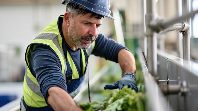Skilled Male Worker in High Visibility Vest and Hard Hat Inspecting Fresh Produce on Factory Conveyor Belt