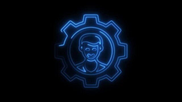 Neon style man avatar inside gear symbol for user settings on black background