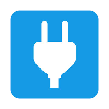 Dibujo sencillo de la silueta de una clavija el&eacute;ctrica en un cuadrado de color azul. Archivo PNG con transparencia