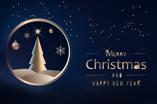 Elegant Christmas and New Year greeting card with a minimalist golden Christmas tree, ornaments and snowflakes inside a circular frame on a dark navy blue background.
