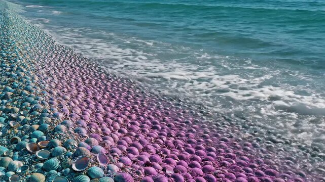 Ocean waves wash over a colorful beach covered in blue and purple seashells.