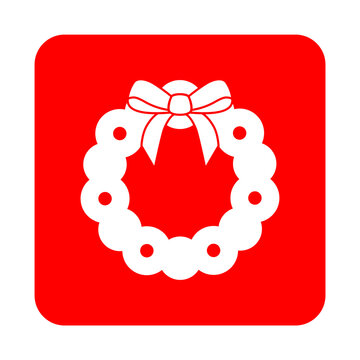 Tiempo de Navidad. Icono con corona navide&ntilde;a de hojas y bayas y lazo de cinta en cuadrado rojo para tarjetas y felicitaciones. Archivo PNG con transparencia
