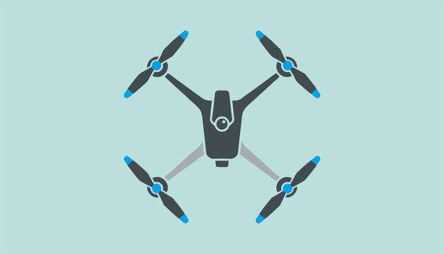 Flat vector illustration of a modern quadcopter drone with four rotating propellers on a solid light blue background.