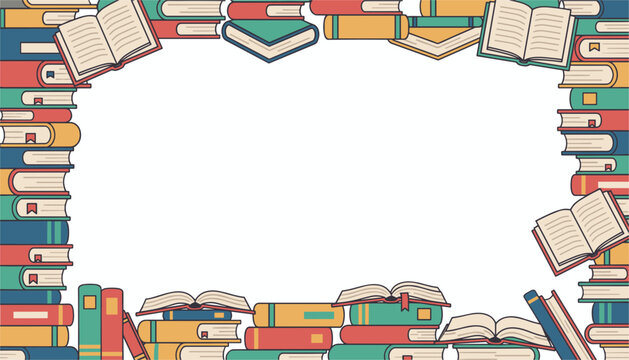 Elegant educational frame border made of various open and closed colorful books with copy space in the center.