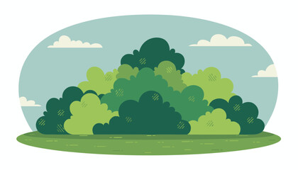 Fototapeta premium Beautiful landscape scene with lush green bushes and trees under a cloudy sky, framed in a clean horizontal oval.