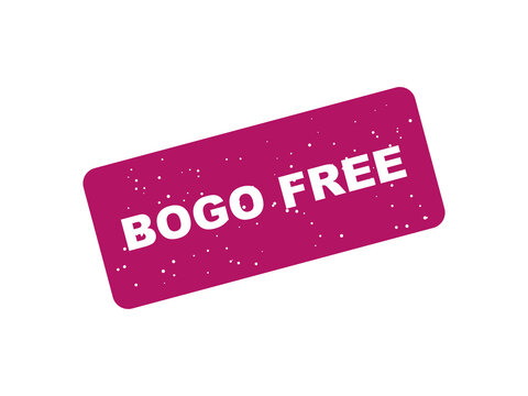 Pink rectangular stamp with bogo free text on black background