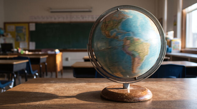 Desk globe spinning on classroom table with motion blur