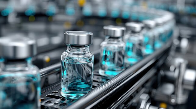 dynamic perspective of pharmaceutical vials moving along an automated conveyor in a modern laboratory, emphasizing precision, technology, and industrial efficiency