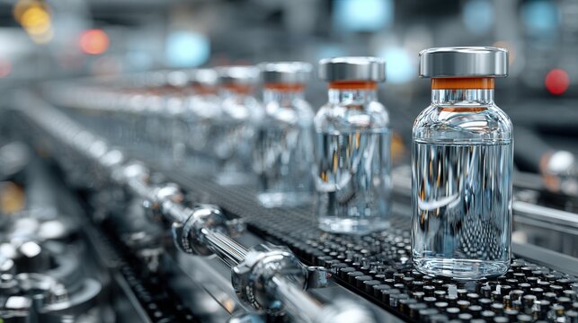 dynamic perspective of pharmaceutical vials moving along an automated conveyor in a modern laboratory, emphasizing precision, technology, and industrial efficiency