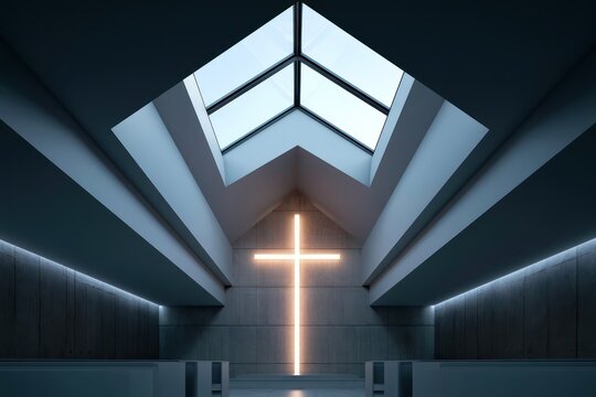 An illuminated cross glowing on the wall in a modern church interior with a skylight. 