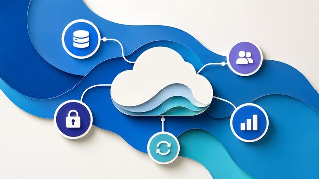 Modern digital cloud computing concept showcasing interconnected services like data storage, cyber security, user management, and analytics with a sleek, layered design.