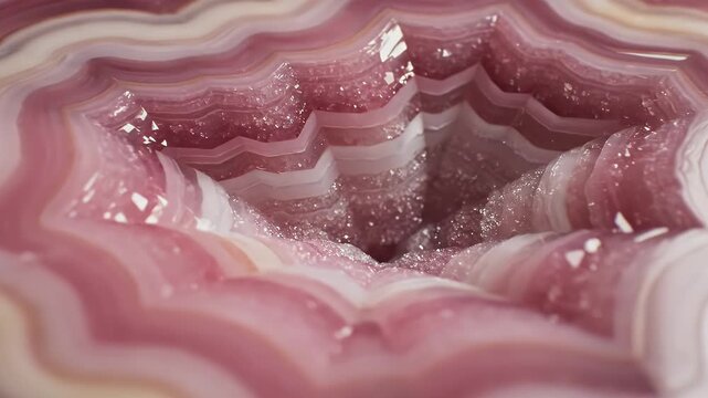 Close-up of a polished pink agate geode with sparkling crystal formations and wavy banded layers, natural gemstone