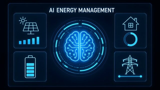 Digital dashboard interface showing AI energy management with a glowing brain and smart grid renewable power icons