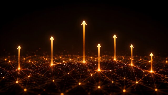 Glowing orange upward arrows rising from a digital network grid representing business growth and technological advancement