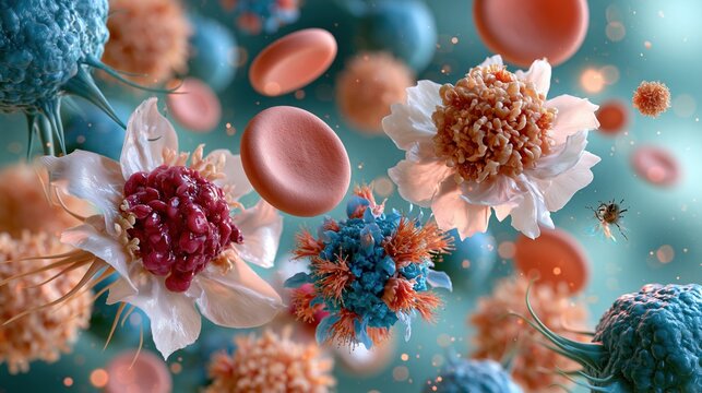 Childhood Cancer Awareness Month: medical illustration of white blood cells surrounding and attacking abnormal cancer cells, Netter-style anatomical rendering