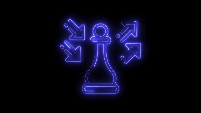 Neon chess pawn with diverging arrows symbolizing business strategy and decentralization on dark background
