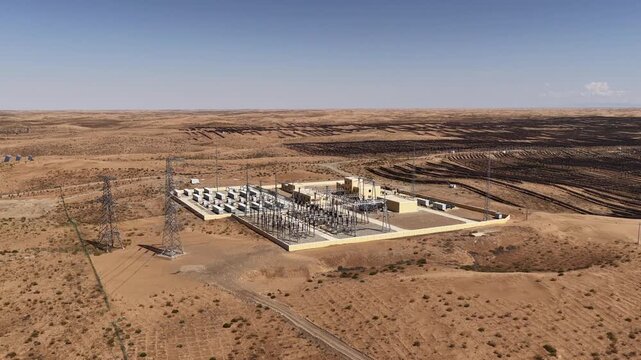 Aerial View of Utility-Scale Battery Energy Storage System and Substation in Arid Northwest China Desert