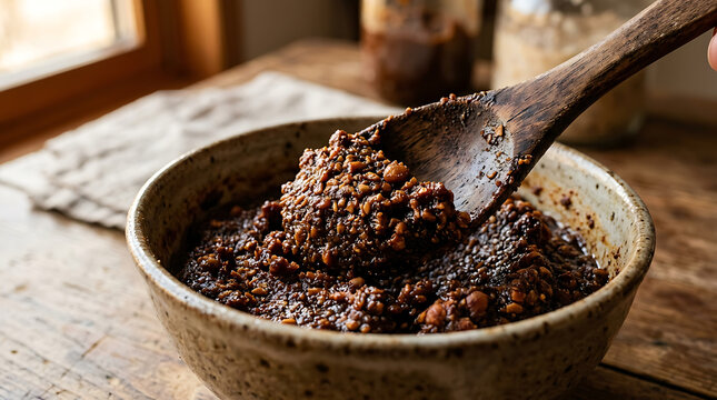 Stirring thick fermented bean paste in a ceramic bowl with fermented, stirring