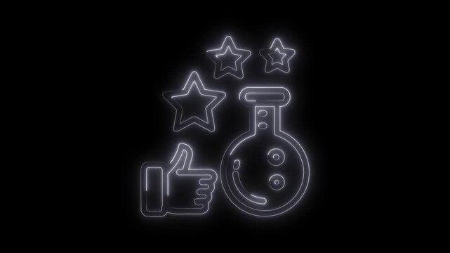 Glowing outline of thumbs up stars and beaker against black background for feedback