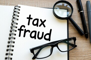 Fototapeta premium Open notebook displays text tax fraud. Magnifying glass spectacles pen and marker laid on wooden desk. Concept for investigation analysis and financial crime.